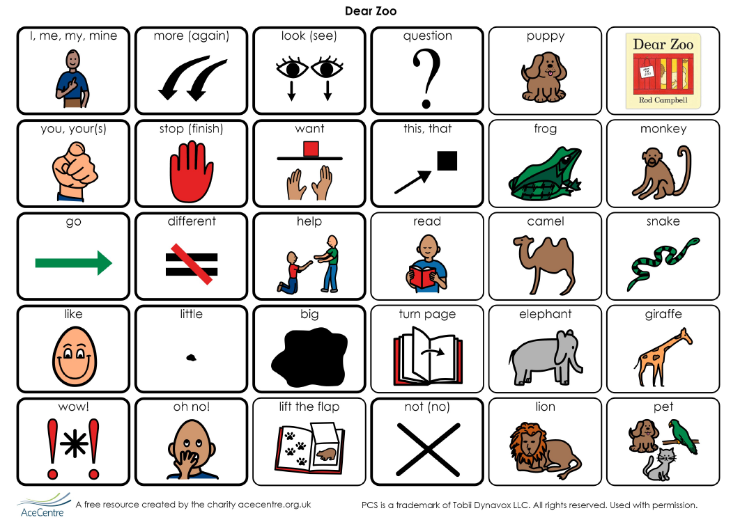 A thumbnail of a symbol chart with vocabulary around the book Dear Zoo