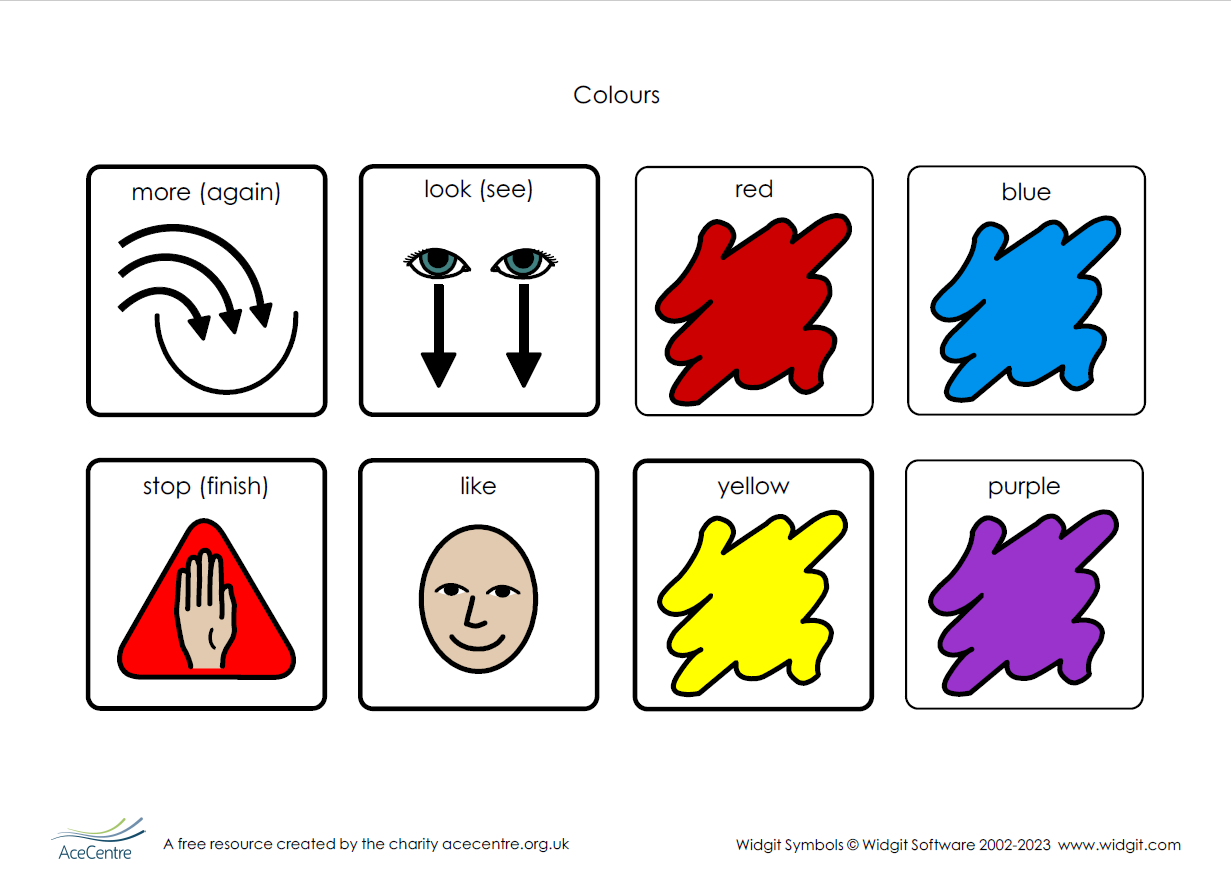 A screenshot of an AAC symbol chart that has words and symbols to communicate about colours