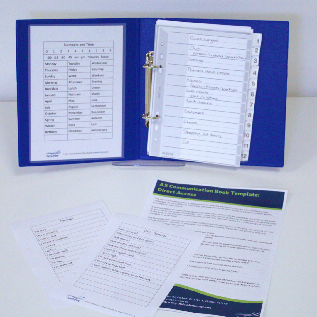 A picture of the A5 communication book with sample template pages and the help sheet laid out in front of it