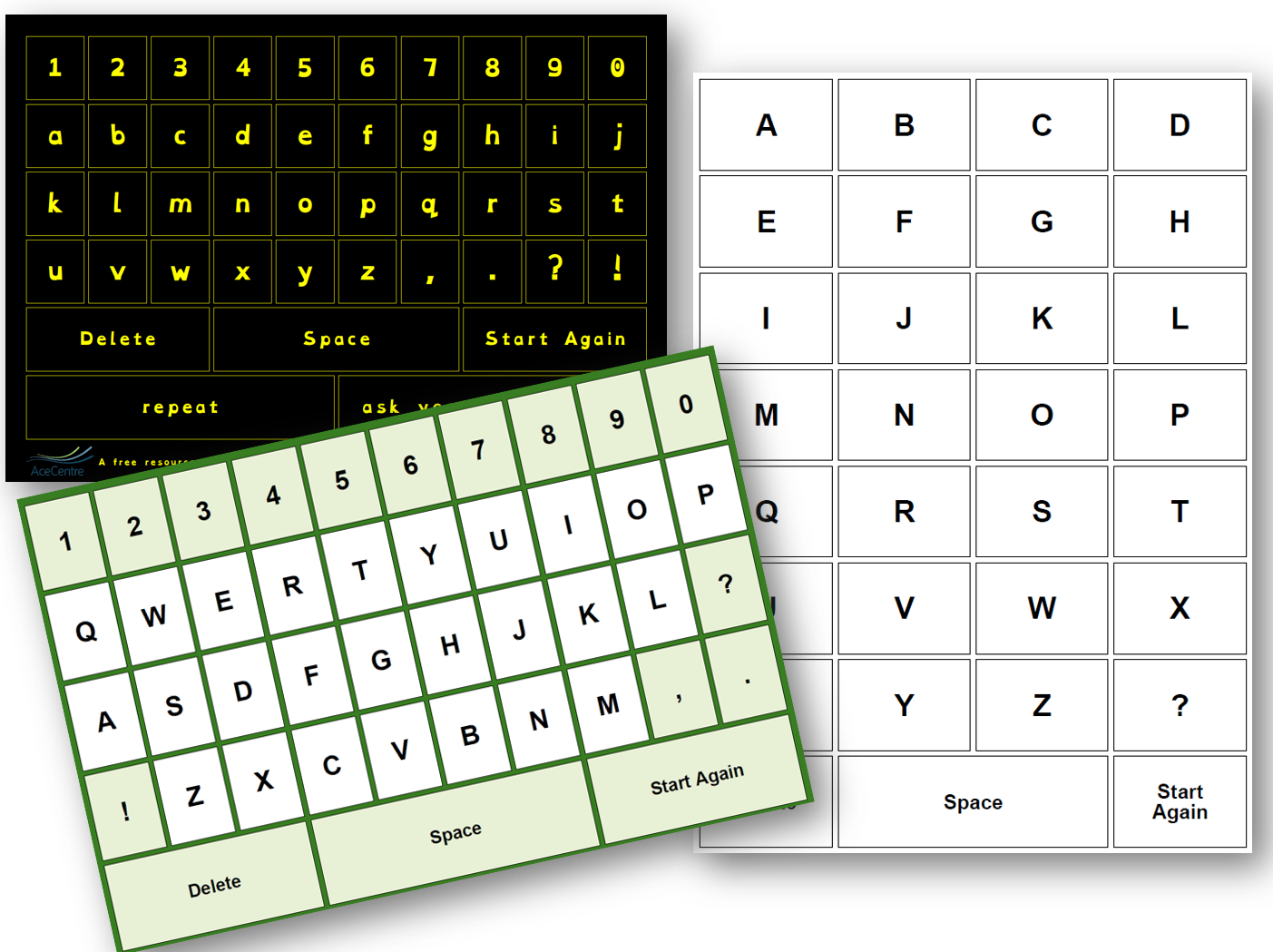 thumbnails of three alphabet charts including on in a portrait layout, one with a black background and yellow font and another with light green cells.