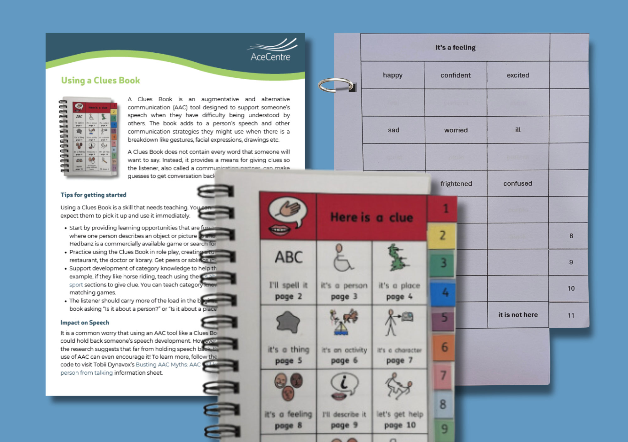 An thumbnail showing a symbol supported clues book, a text based clues book and the Using a Clues Book helpsheet