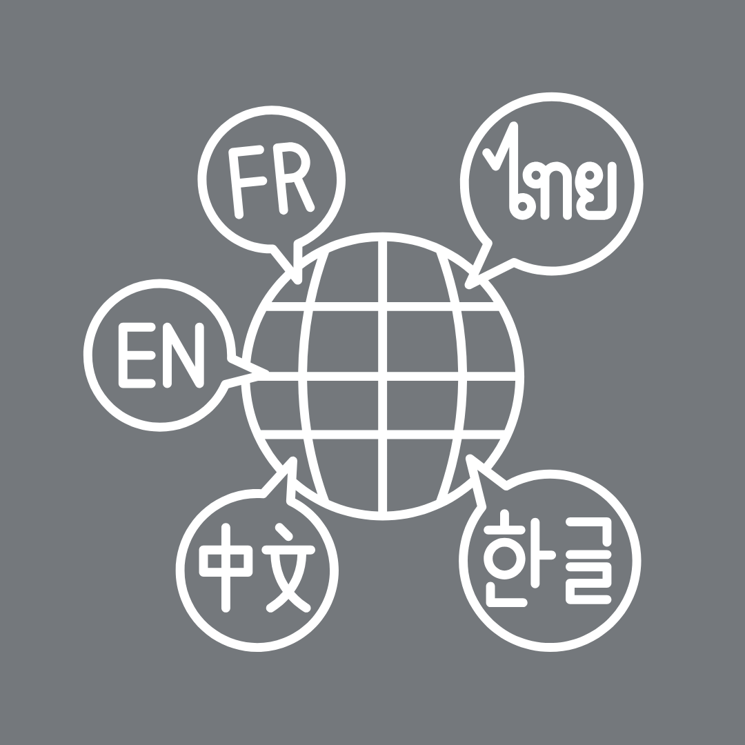 An icon of a globe with speech bubbles surrounding it initials of different language