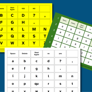 Thumbnail with images of three different types of listener mediated scanning charts in an alphabetical layout.